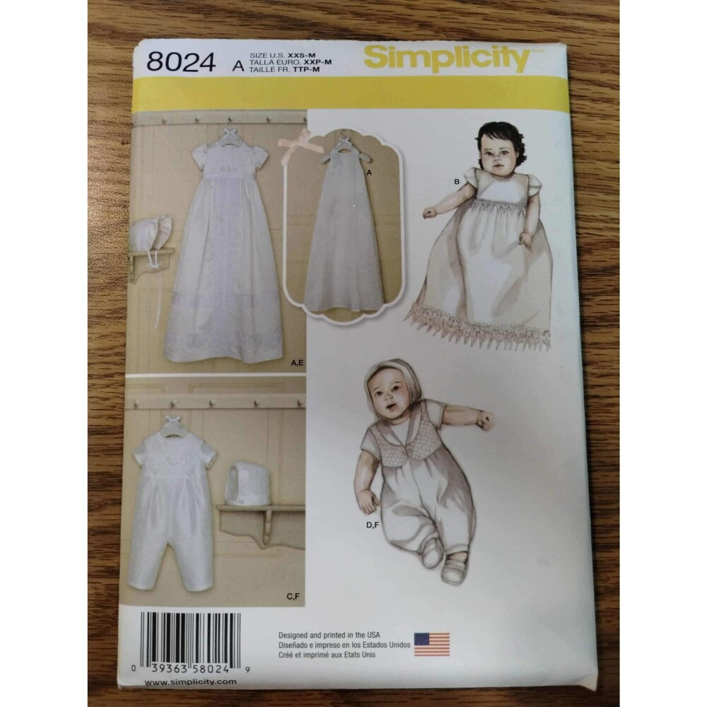 8024 Simplicity Sewing Pattern Babies Christening Sets with Bonnets Three Sizes